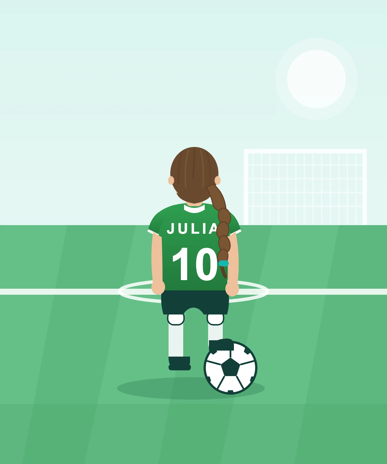 Illustration: Julia von hinten im grünen Trikot mit der Nummer 10, Zopf und Fuß auf dem Ball